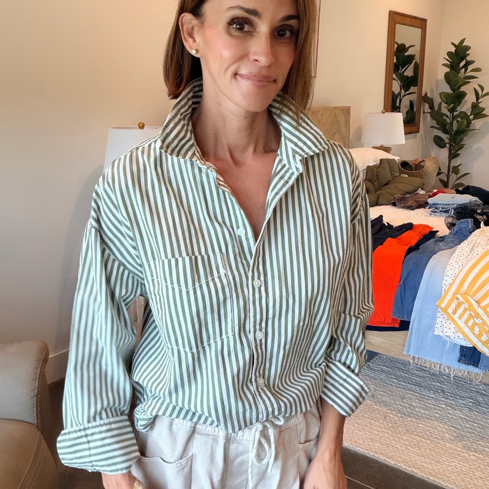 Anthropologie Green and White Striped Button Down Shirt